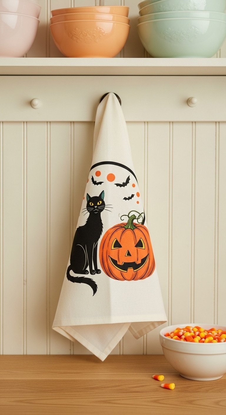 Halloween kitchen towel vintage black cat jackolantern