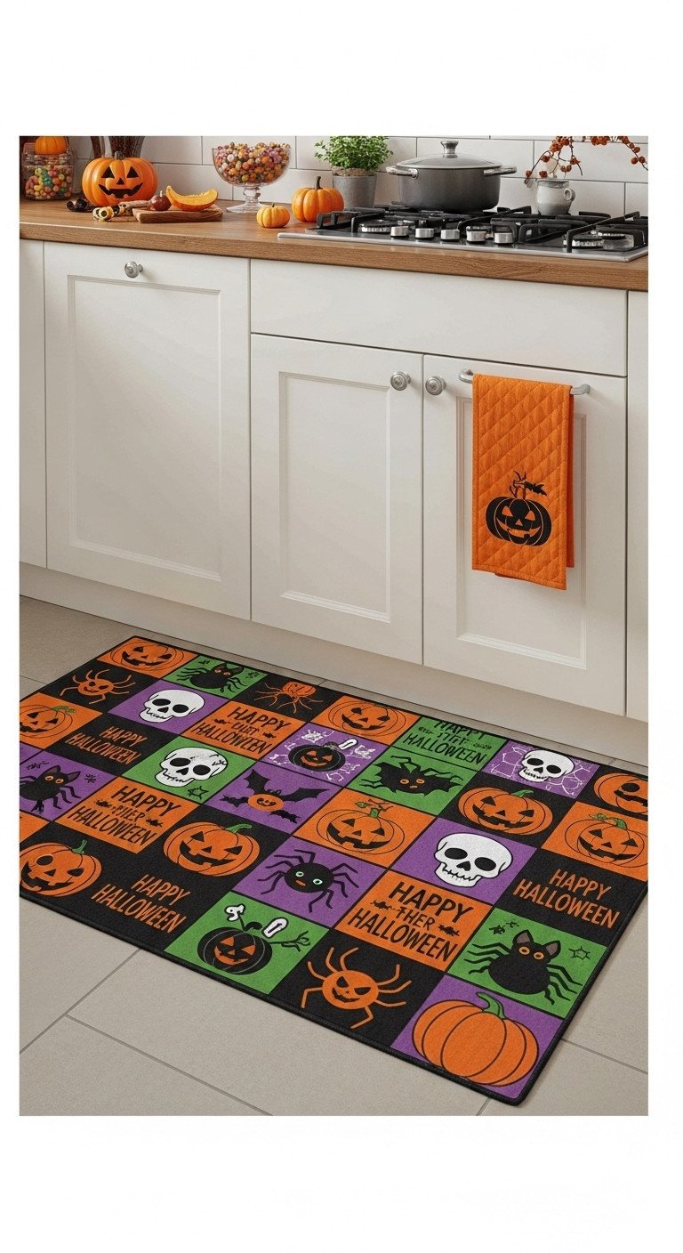 Halloween kitchen with vibrant multi icon rug