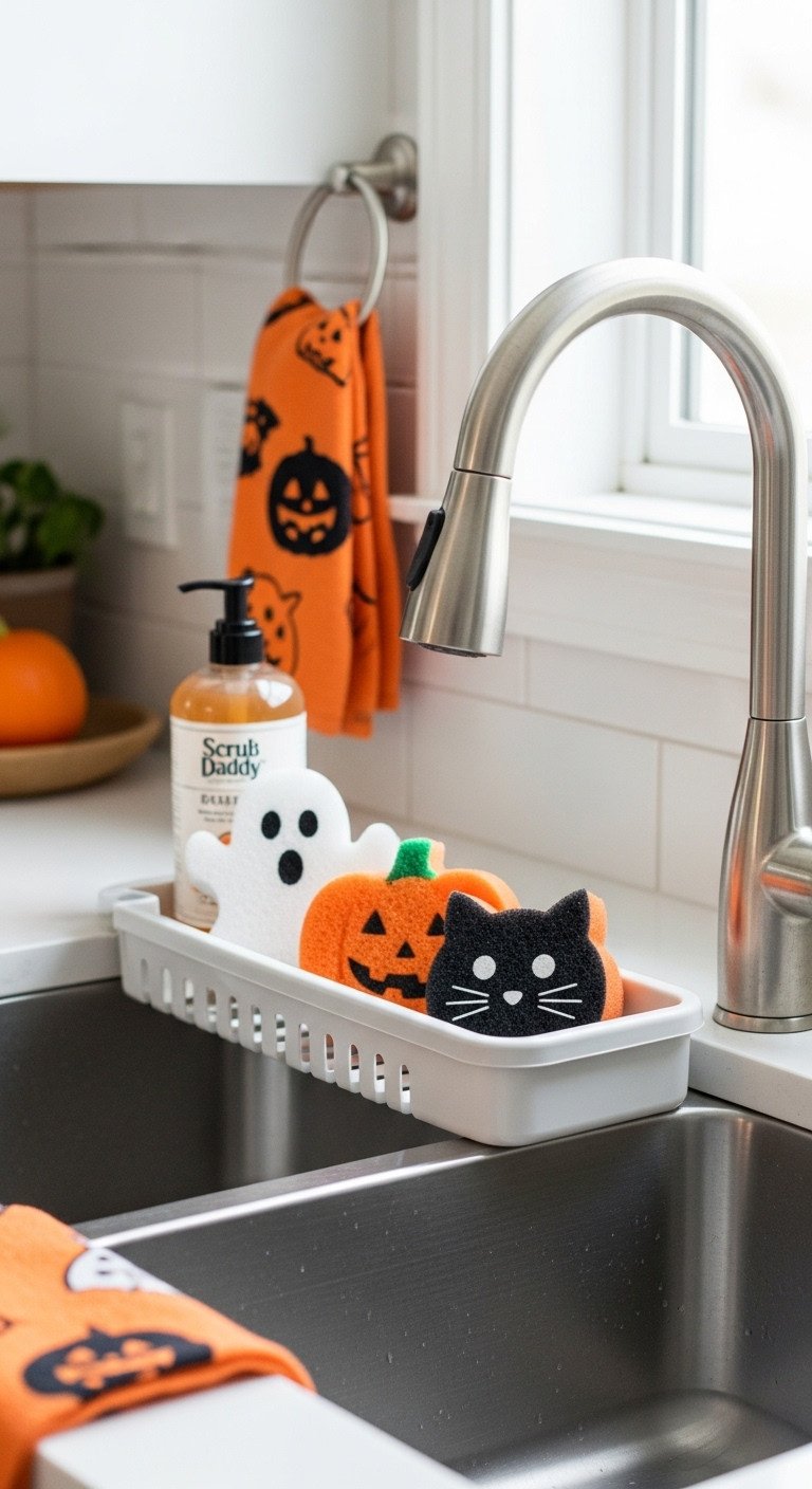 Halloween themed Scrub Daddy sponges in kitchen sink