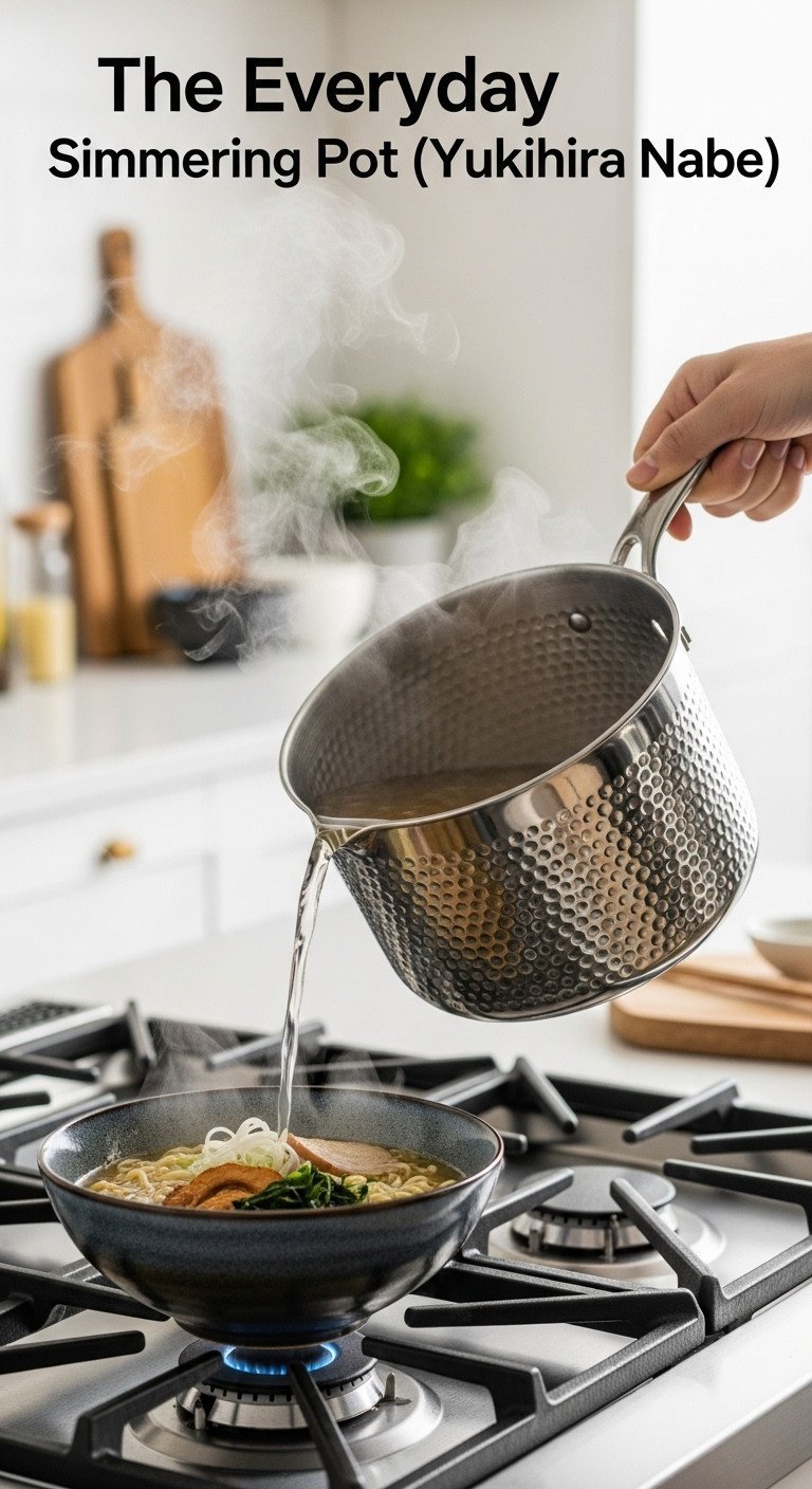 Hammered stainless steel Yukihira nabe pot pouring dashi broth into a ramen bowl on a modern gas stovetop