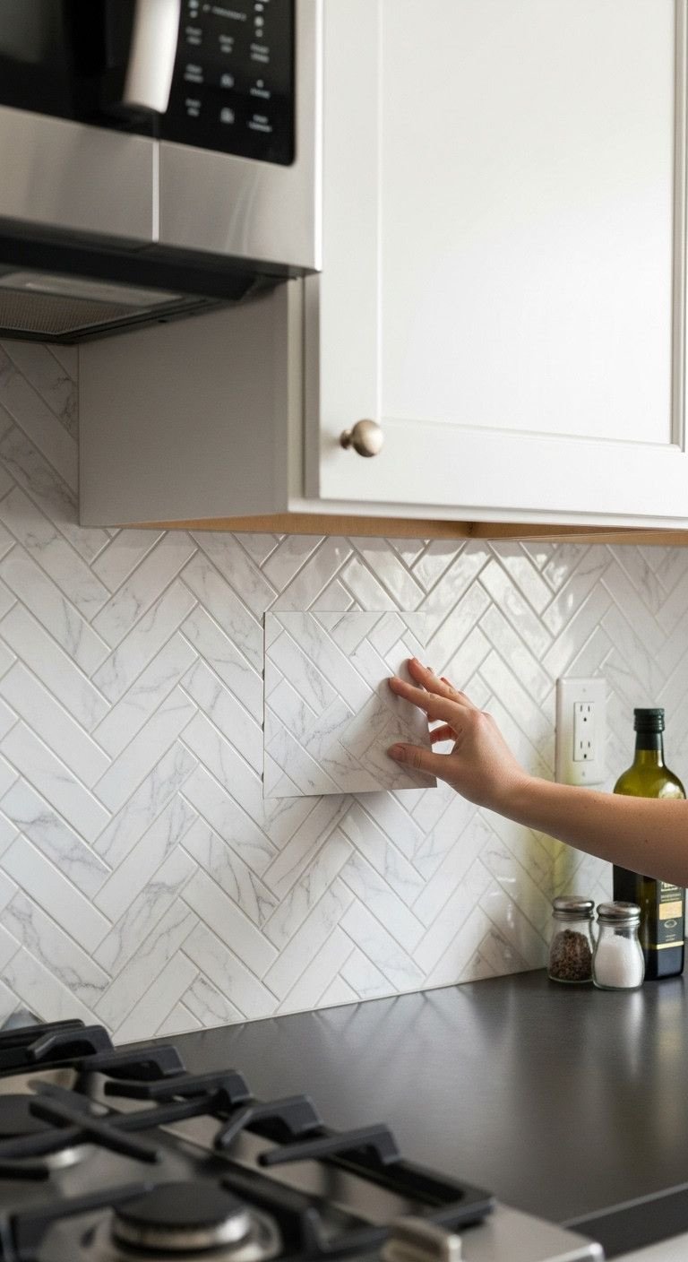 Small Studio Apartment Kitchen Designs That Actually Work 7 Hand applying white marble herringbone peel-and-stick backsplash. Easy DIY kitchen update, stylish rental renovation.