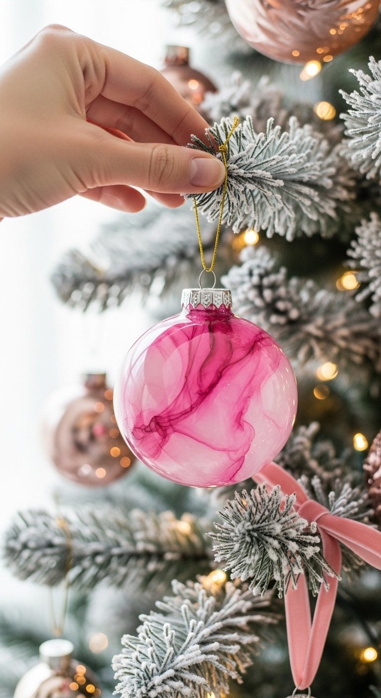 Hand hanging a DIY pink alcohol ink ornament on a flocked Christmas tree