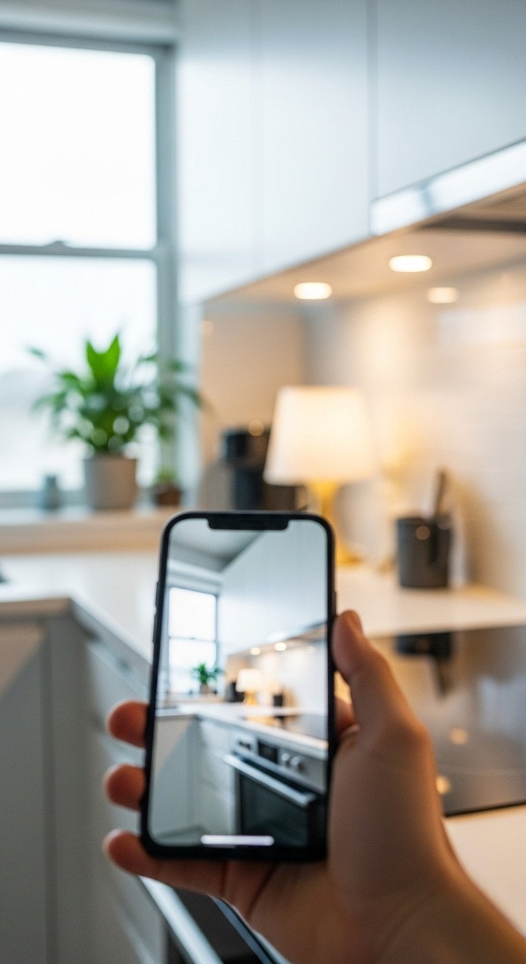 Hand holding smartphone, controlling smart home kitchen LED lighting. Modern white cabinets, green plant. Efficient tech-savvy lifestyle.