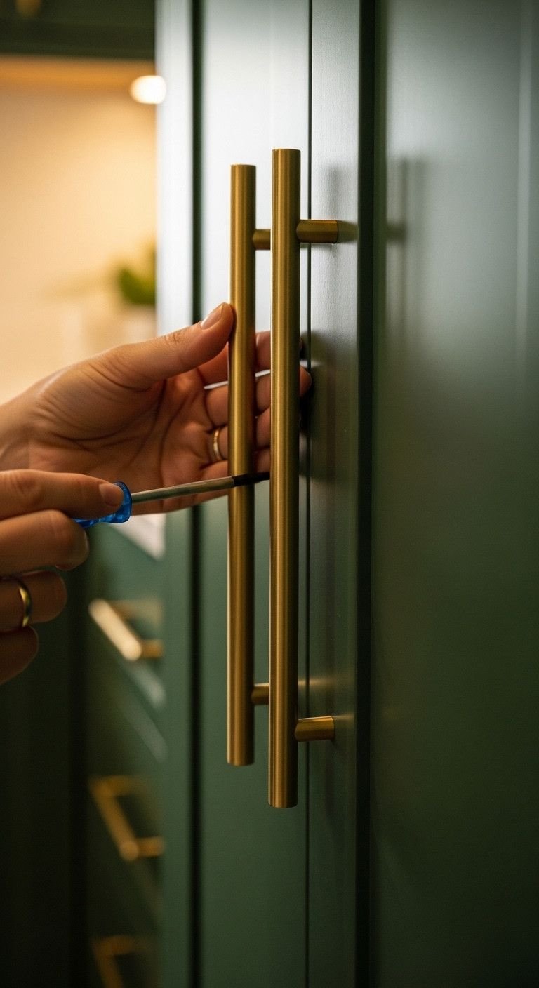 Hand installing a brushed brass cabinet pull on a deep green shaker kitchen cabinet door, new hardware.
