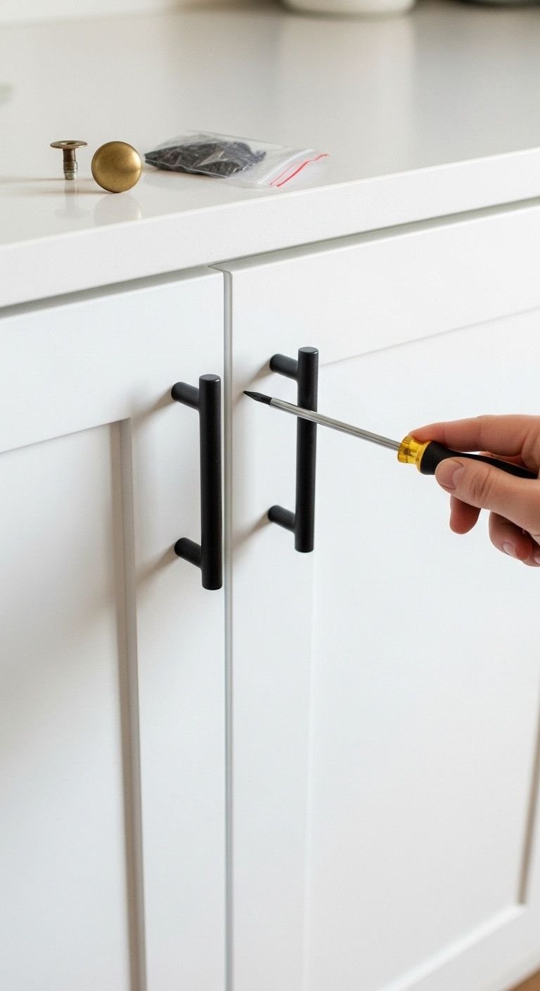 Hand installing a modern matte black cabinet pull on a white shaker-style kitchen cabinet door, showing DIY home improvement.