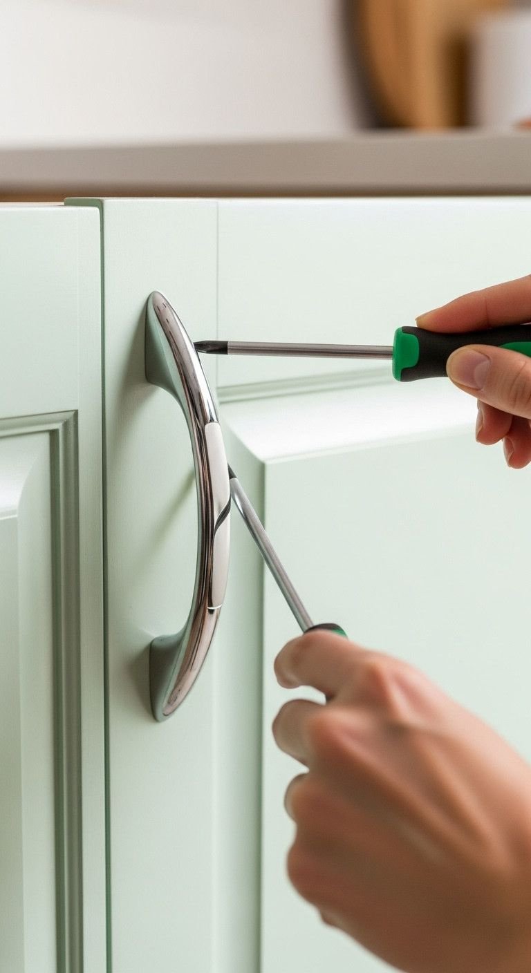 13 Charming Vintage Apartment Kitchen Ideas For Renters 4 Hand installing a polished chrome curved cabinet pull on a mint green kitchen door with a screwdriver, perfect for DIY upgrades.