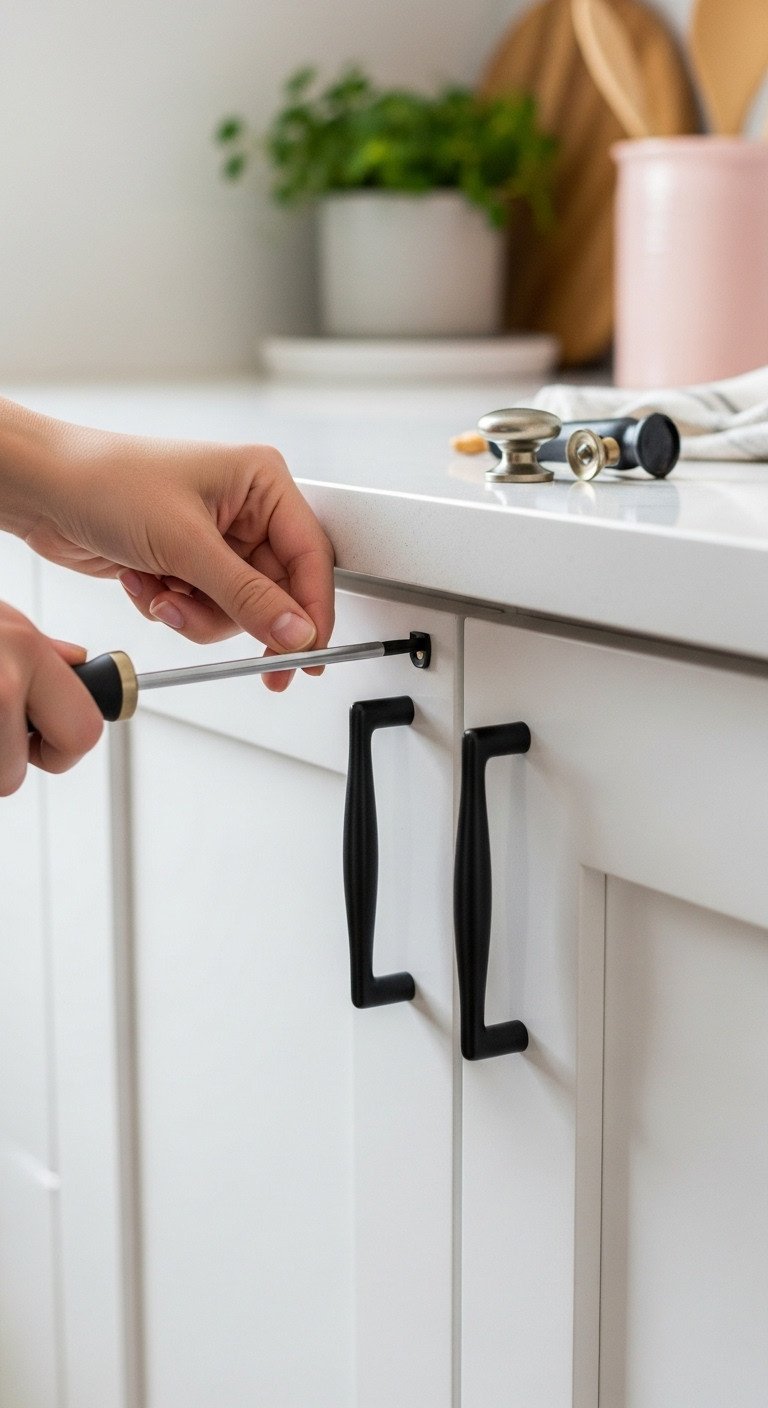 Hand installing a sleek matte black cabinet pull on a white kitchen cabinet door, with old silver knob and screwdriver on countertop