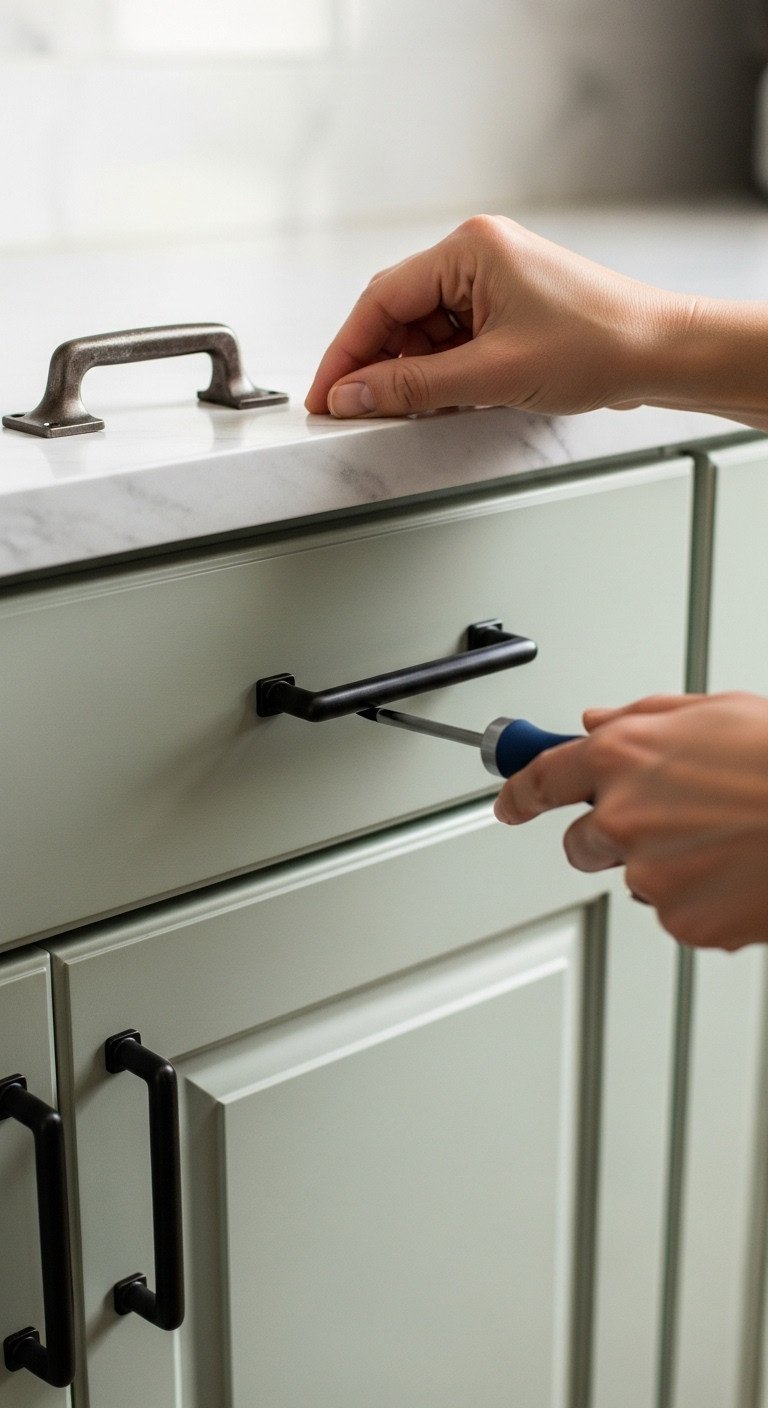 11 Genius Apartment Kitchen Design Ideas For Small Spaces 12 Hand installing matte black cabinet pull on sage green shaker cabinet door, showing kitchen hardware update project.