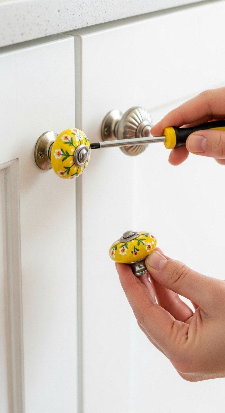 Hand installing vibrant yellow floral ceramic knob on white kitchen cabinet. Simple DIY hardware upgrade.