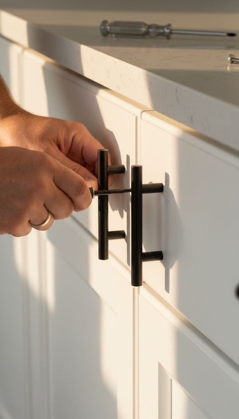 Hand installs a modern matte black pull on a white shaker kitchen cabinet door. DIY kitchen hardware update, home renovation.