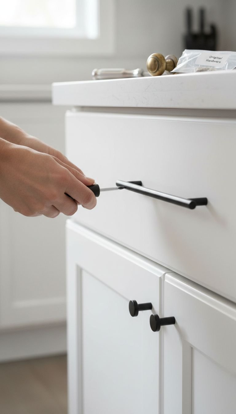 Hand installs matte black cabinet pull on white kitchen door with screwdriver. DIY hardware upgrade for modern kitchen decor.