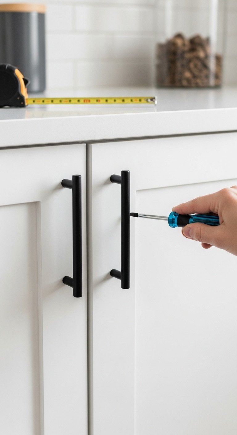 Hand installs matte black cabinet pull on white shaker door. DIY kitchen cabinet update. Screwdriver, tape measure.
