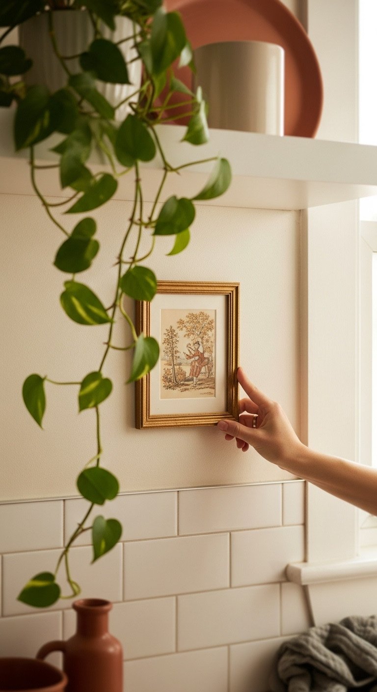How To Make A Kitchen Cozy A Simple Method For Apartments 12 Hand placing vintage-style framed art on a warm beige kitchen wall with a blurred plant, floating shelf. Cozy home decor.