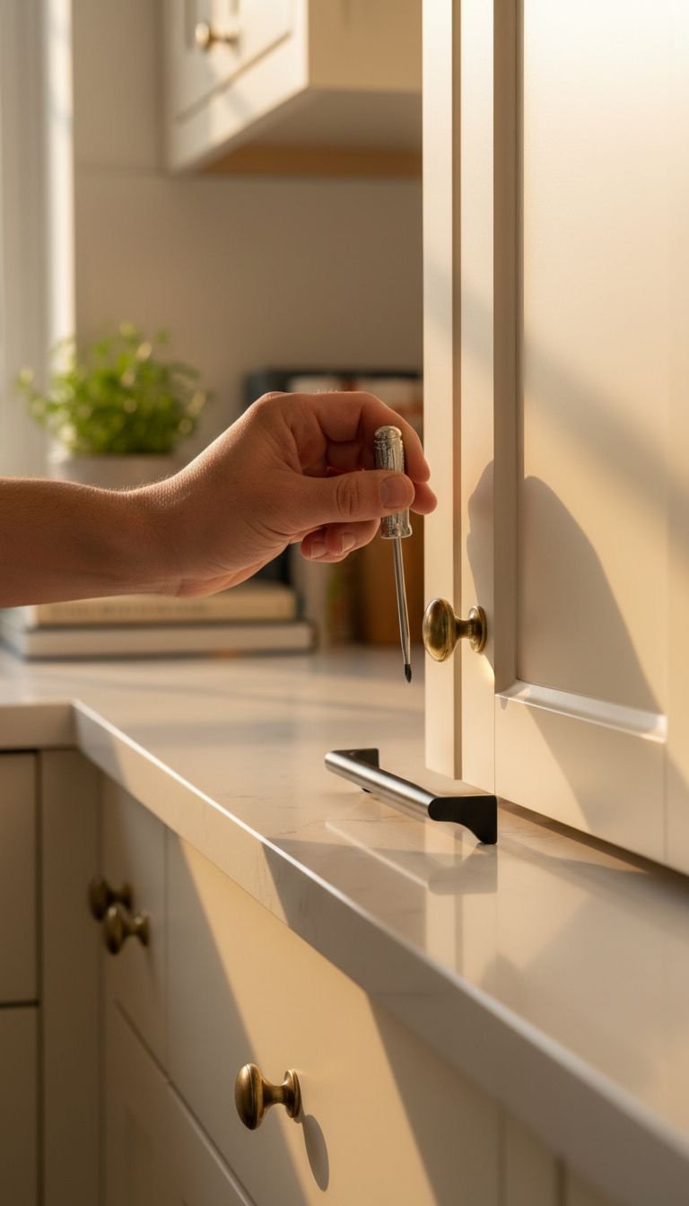 11 Brilliant Apartment Kitchen Ideas On A Budget For Renters 5 Hand replaces old cabinet hardware with new matte black handle. DIY modern kitchen renovation project.