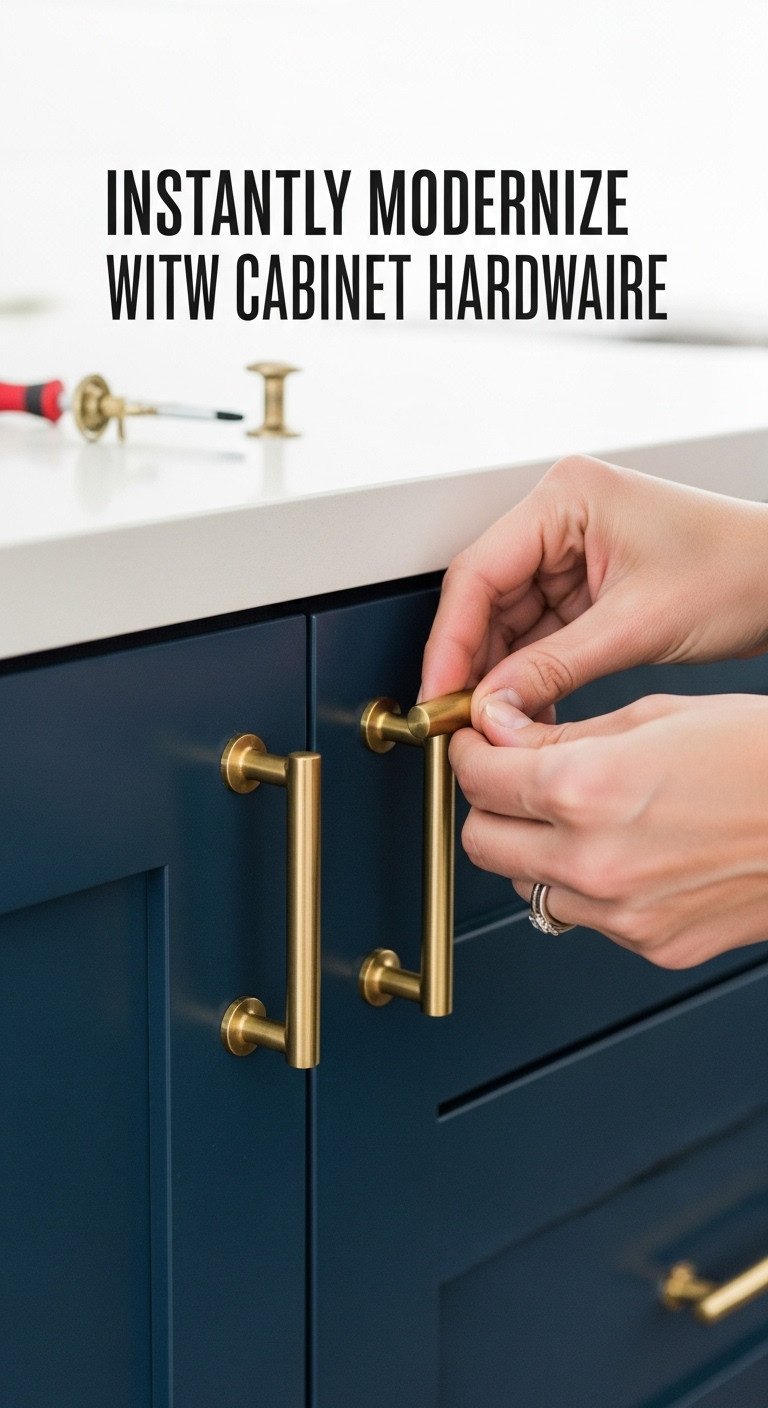 Hand replacing old cabinet knob with a sleek brushed brass T bar pull on a navy blue kitchen cabinet door with screwdriver nearby