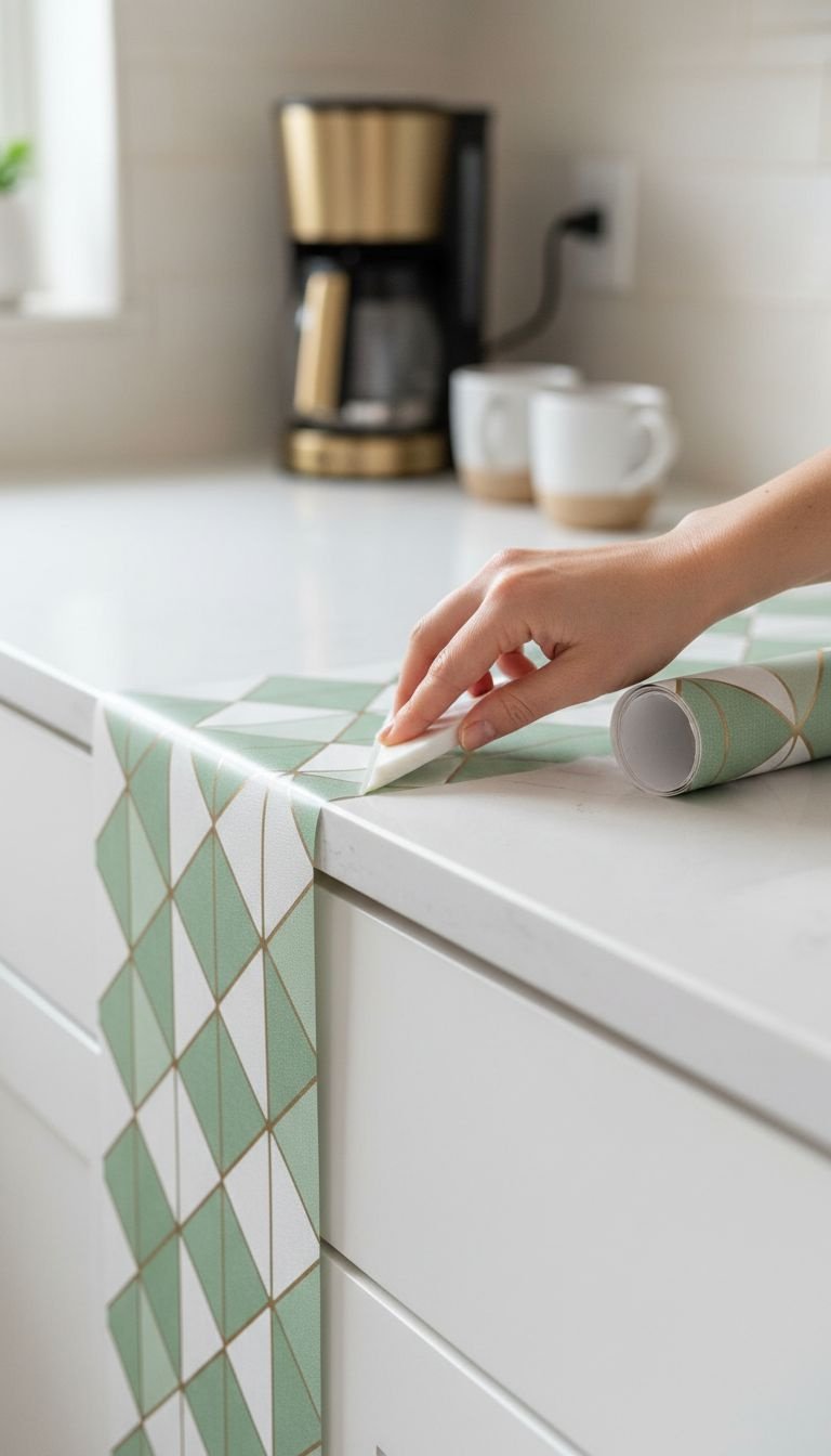 11 Brilliant Apartment Kitchen Ideas On A Budget For Renters 12 Hand smoothing sage green peel-and-stick wallpaper on kitchen cabinet. Half covered, squeegee tool. DIY cabinet makeover.