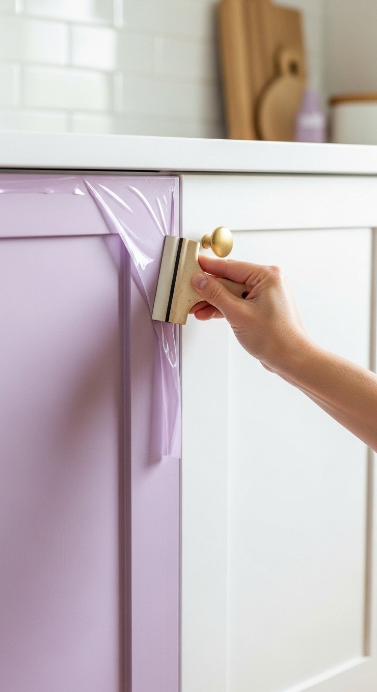 Hand smoothly applying pastel lilac vinyl wrap to a kitchen cabinet door, showcasing a Y2K DIY home renovation process.