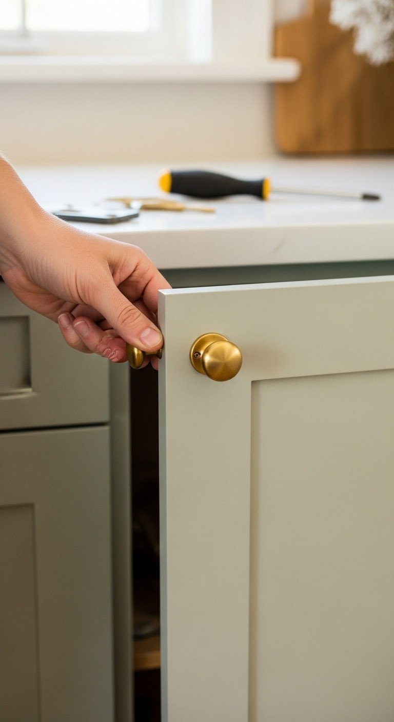 How To Make A Kitchen Cozy A Simple Method For Apartments 10 Hand tightening an elegant brass knob on a sage green shaker kitchen cabinet door. DIY home improvement hardware installation.