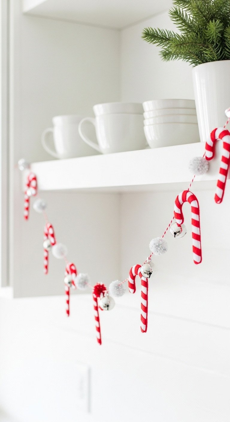 Handcrafted candy cane garland with red/white felt, silver bells, pom-poms on a white kitchen shelf with ceramic mugs & evergreen.