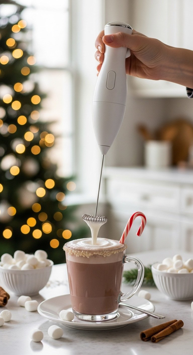 Handheld milk frother creating creamy foam in a glass mug of hot chocolate with a blurred Christmas tree background