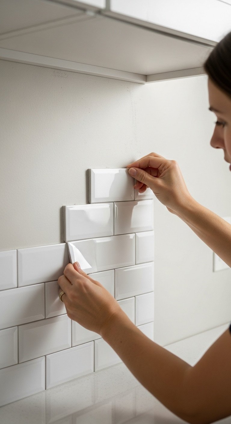 11 Brilliant Apartment Kitchen Layout Ideas For Small Spaces 19 Hands applying 3D peel-and-stick subway tile backsplash, showing a DIY kitchen upgrade. Modern kitchen.