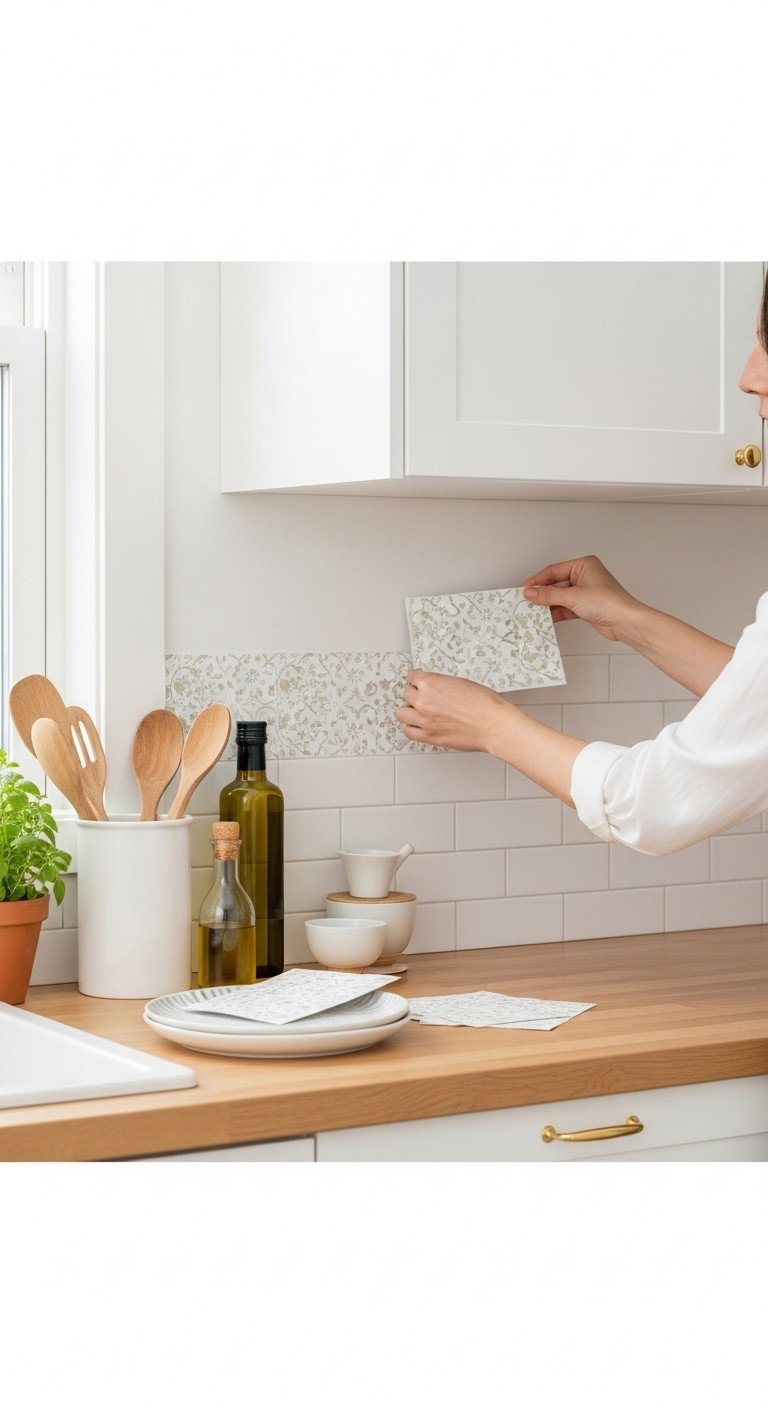Hands applying floral peel-and-stick subway tile to a kitchen wall above a light wood countertop, enhancing feminine home decor.