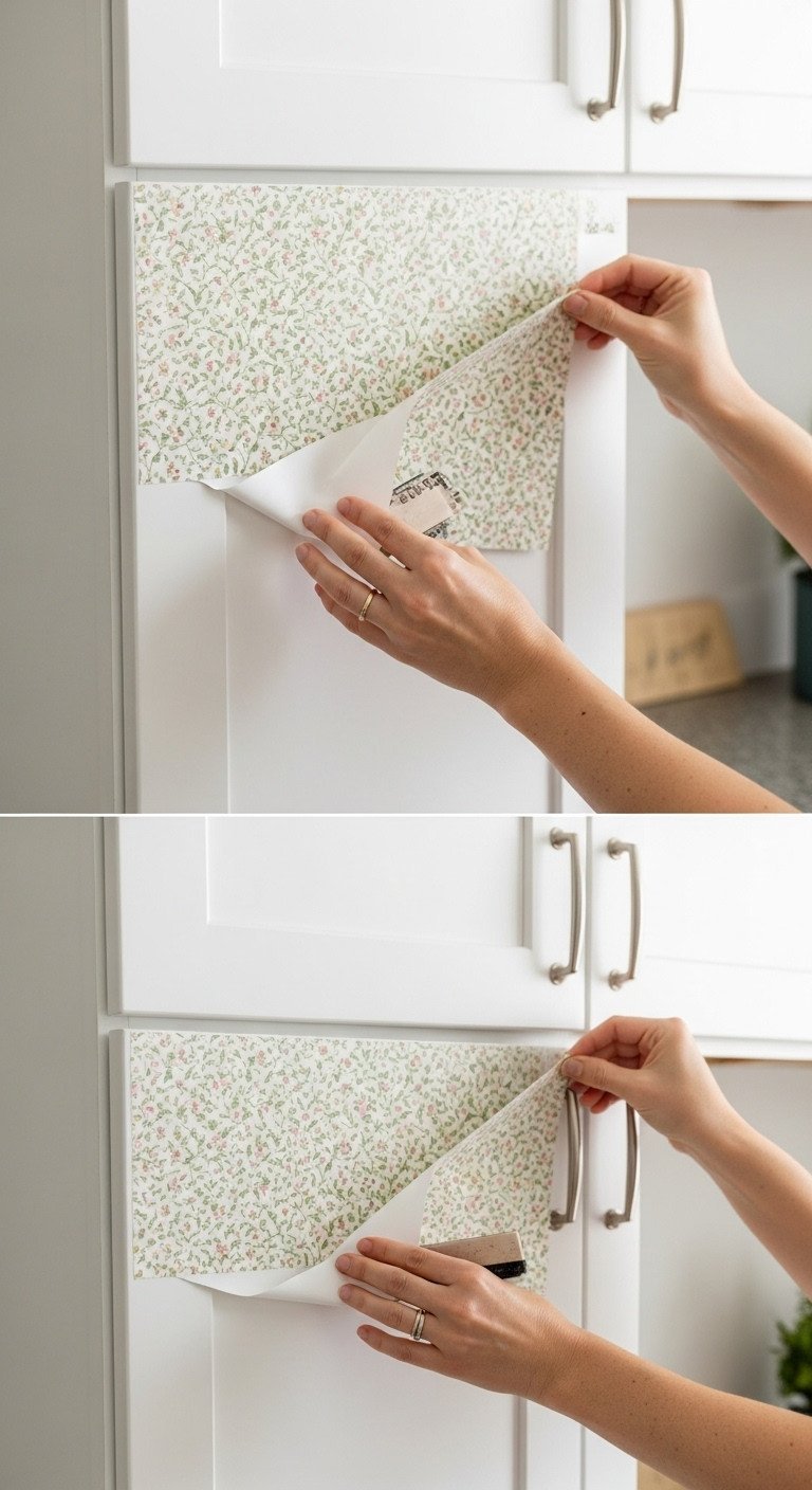 Hands applying floral peel-and-stick wallpaper to cottagecore kitchen cabinet door, DIY makeover in soft greens and pinks.