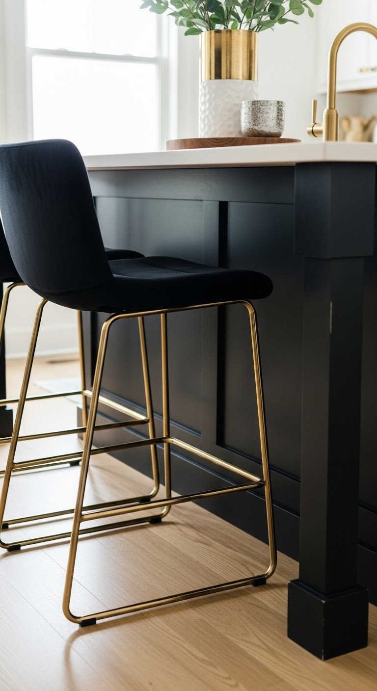 Hands applying glossy black and gold geometric peel-and-stick kitchen backsplash tiles to a wall, a DIY home project.
