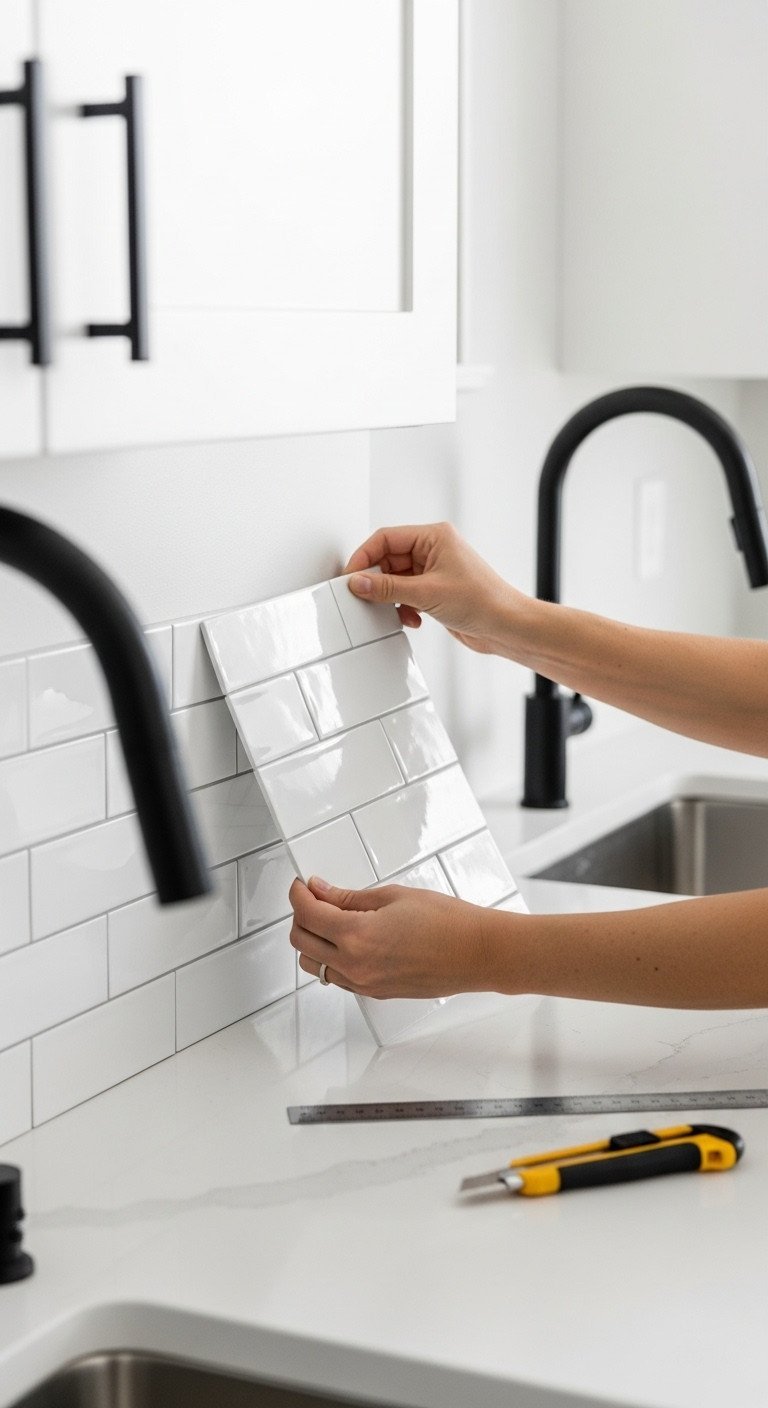 Smart White Apartment Kitchen Ideas To Maximize Style And Space 3 Hands applying glossy white 3D peel-and-stick subway tile backsplash in a chic kitchen, DIY home renovation project.