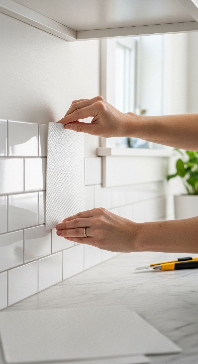 13 Brilliant Galley Kitchen Ideas To Maximize Your Space 13 Hands applying glossy white peel-and-stick subway tile backsplash above a marble-effect countertop in a bright kitchen.