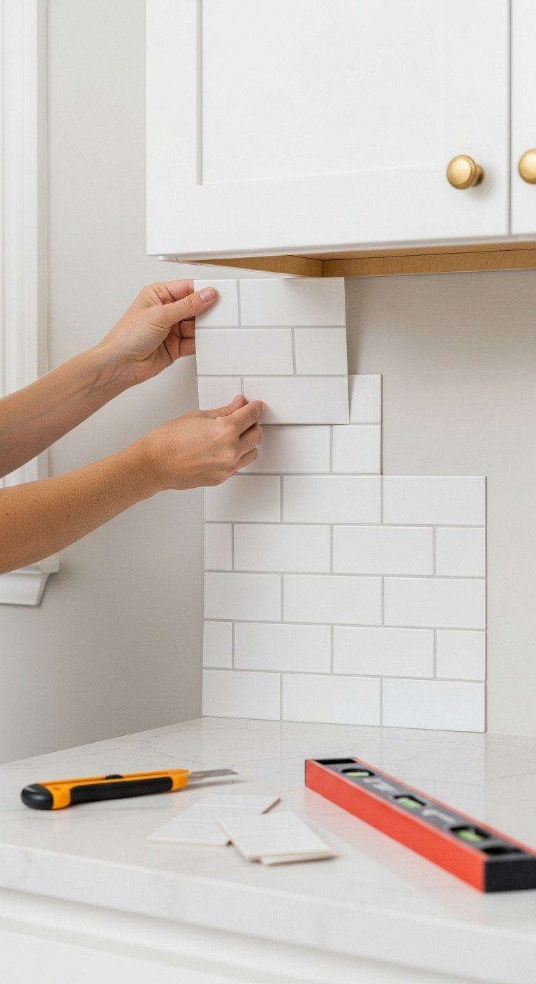 11 Genius Apartment Kitchen Design Ideas For Small Spaces 10 Hands applying peel-and-stick subway tile to a kitchen wall, demonstrating an easy DIY backsplash update in progress.