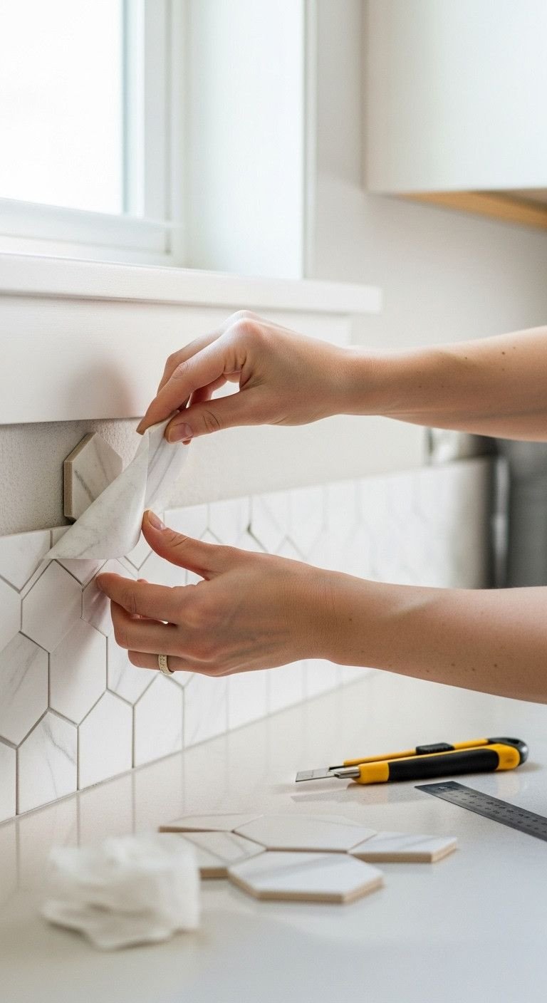 Hands applying white peel-and-stick tile backsplash to kitchen wall above laminate countertop. DIY home improvement.