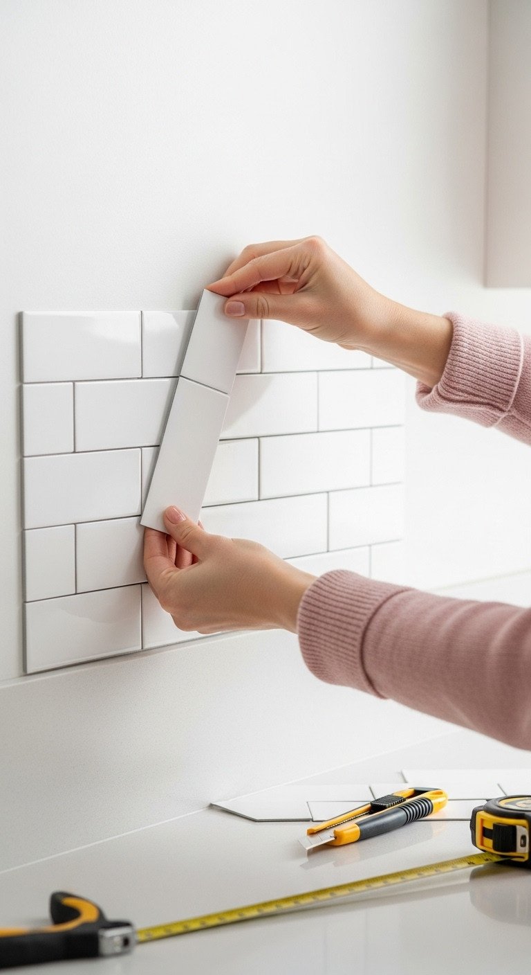 Hands applying white subway peel and stick tile to a kitchen wall for a DIY backsplash makeover with a utility knife nearby