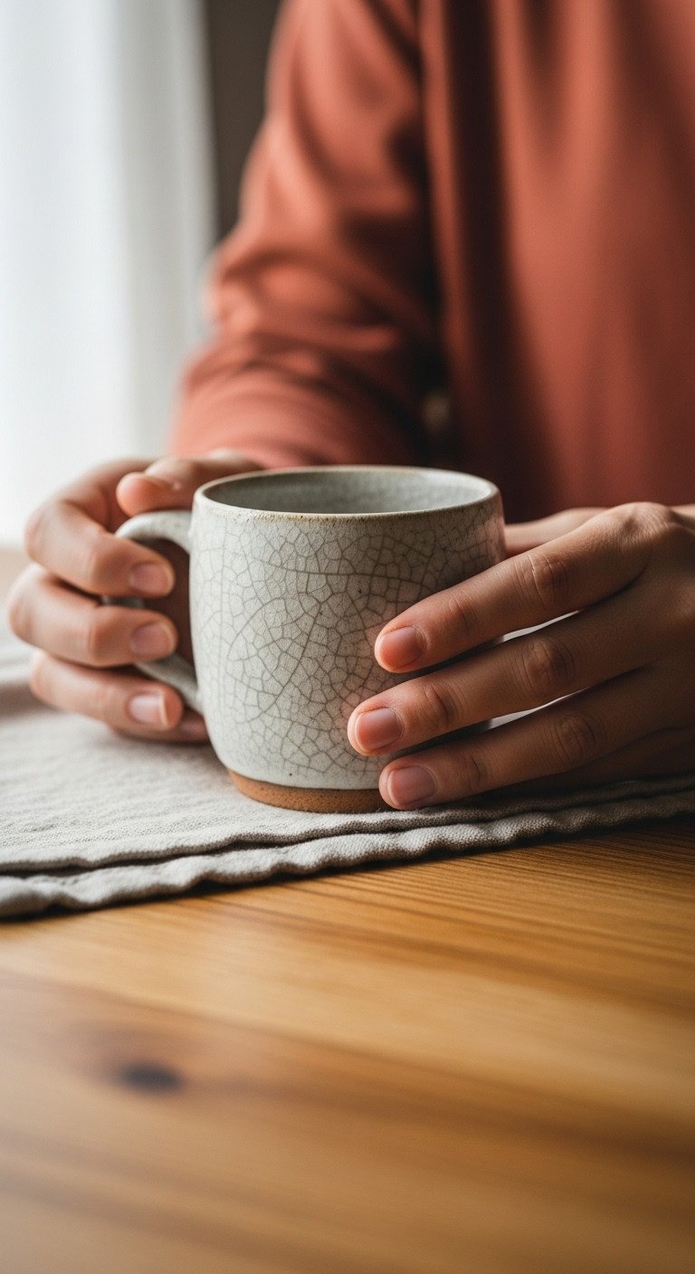 Hands gently holding a beautiful imperfect handcrafted ceramic mug with crackle glaze