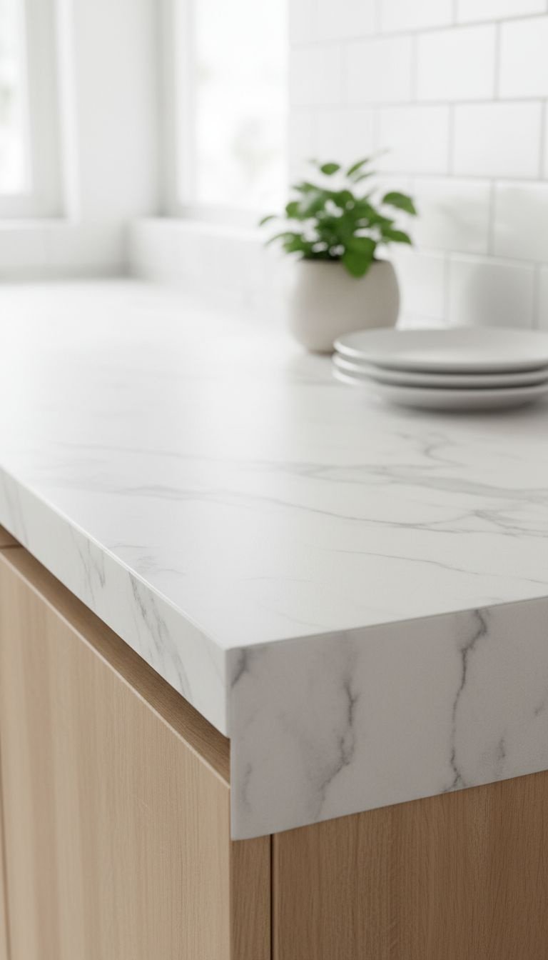 Hands installing white subway tile peel-and-stick backsplash. Realistic 3D texture, glossy finish. Butcher block. DIY kitchen.