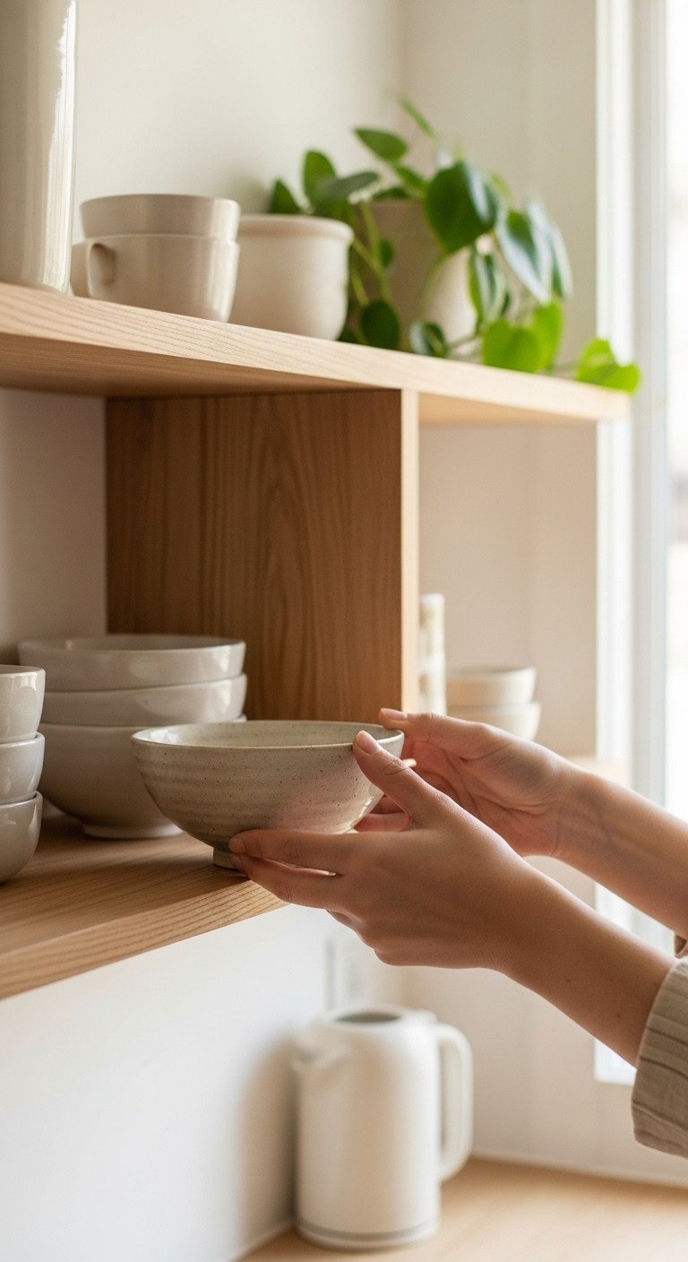 Hands placing a ceramic bowl on a clean wooden shelf symbolizing Danshari in a minimalist Japanese kitchen with green plant