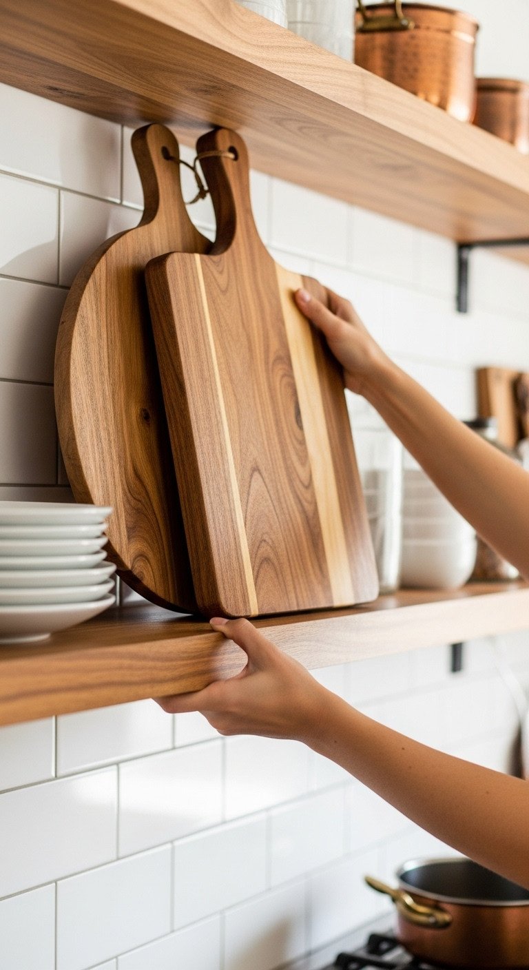 Beautiful Christmas Kitchen Shelves A Step By Step Guide 5 Hands placing rustic acacia wood cutting board on kitchen shelf against white tile backsplash. DIY home decor styling in progress.