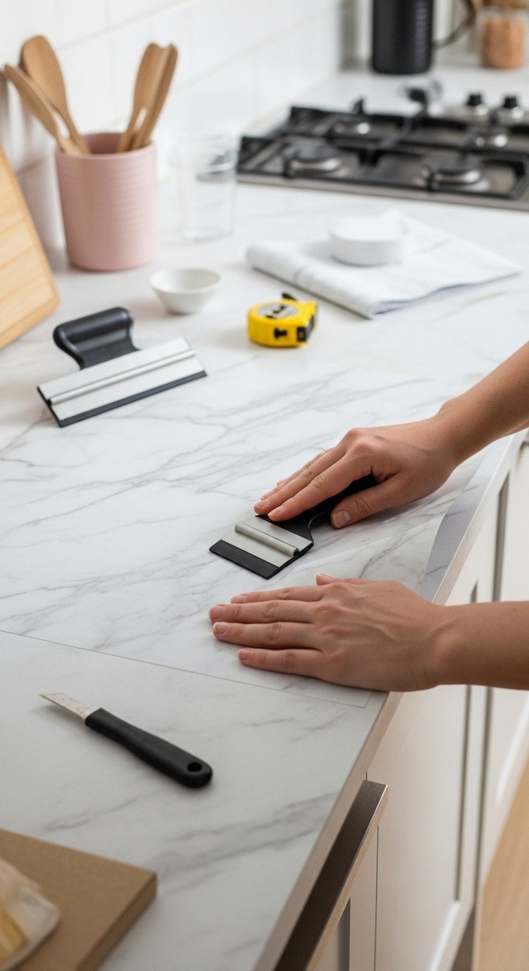 Brilliant Uk Apartment Kitchen Ideas For Renters And Small Spaces 12 Hands smoothing marble-effect vinyl film onto a UK kitchen laminate countertop for a DIY refresh project.