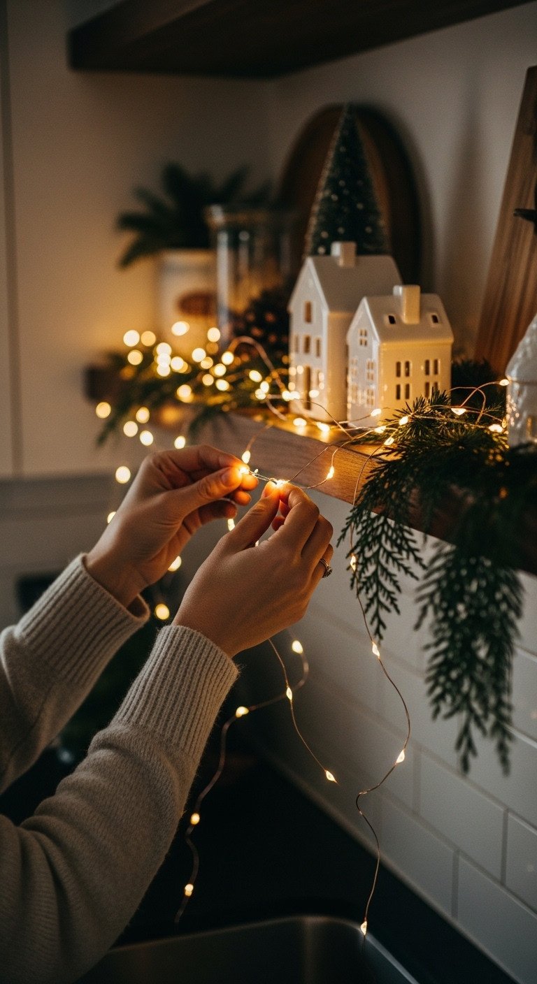 Beautiful Christmas Kitchen Shelves A Step By Step Guide 11 Hands weaving warm white LED fairy lights around ceramic houses and cedar garland on kitchen shelf. Cozy holiday ambiance.