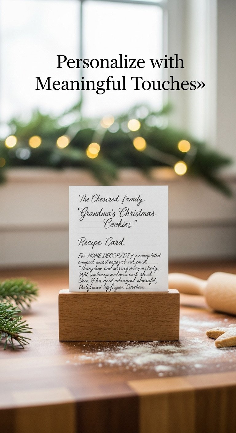 Handwritten family recipe card for Grandma's Christmas Cookies in a wooden holder on a butcher block countertop