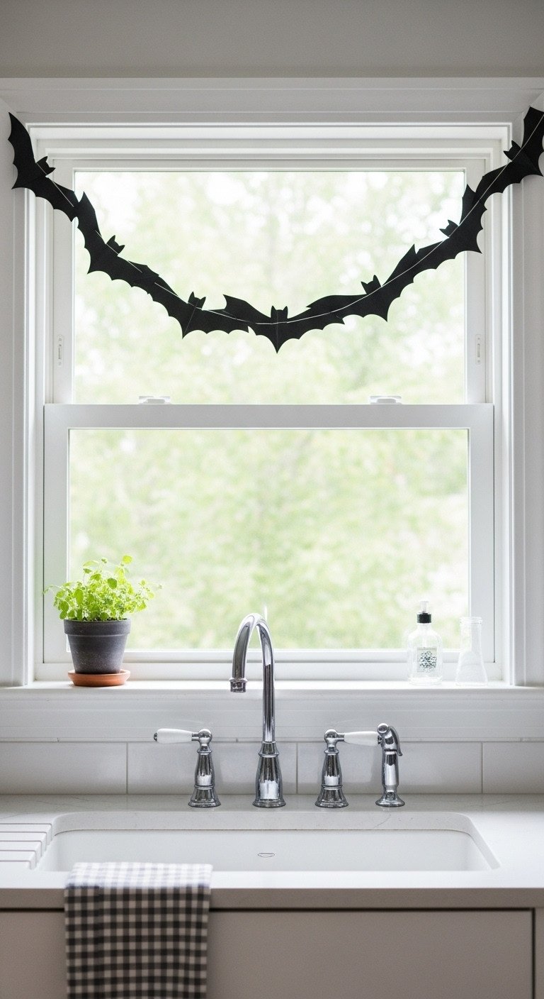 Hanging bats Halloween garland draped across a bright kitchen window with potted herbs and a stylish faucet