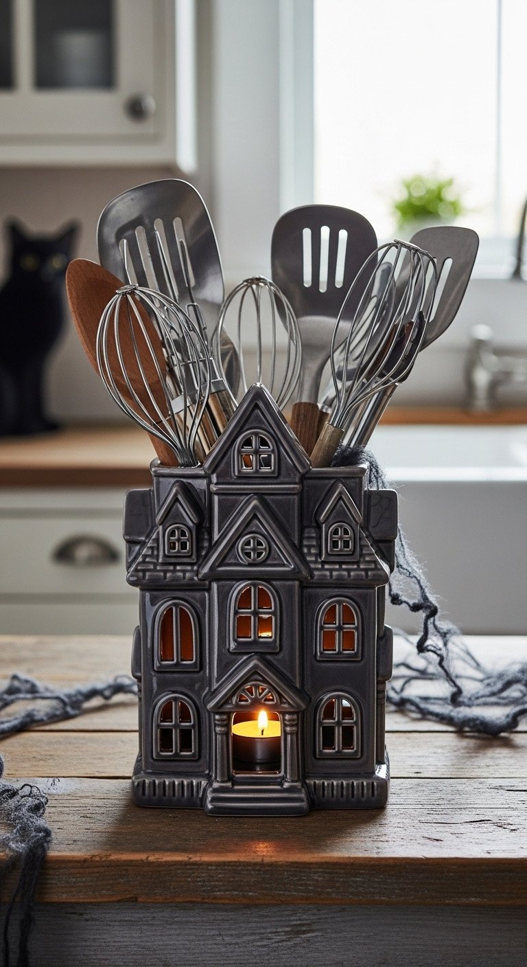 Haunted House Utensil Crock with cooking utensils and glowing windows