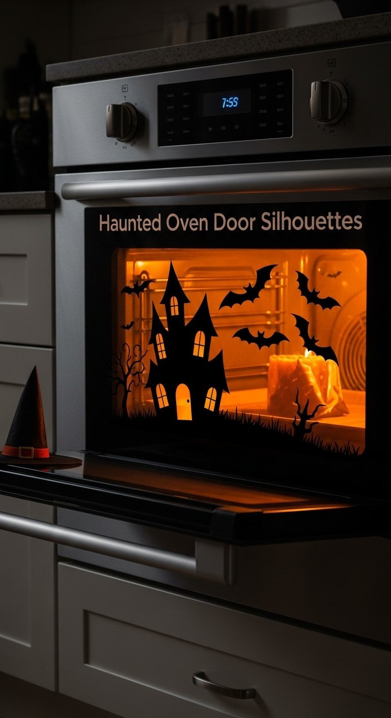 Haunted oven door with glowing haunted house and bat silhouettes