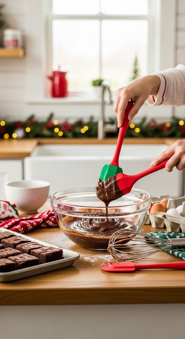 Heat-resistant silicone spatulas scraping chocolate batter from a glass mixing bowl in a Christmas kitchen