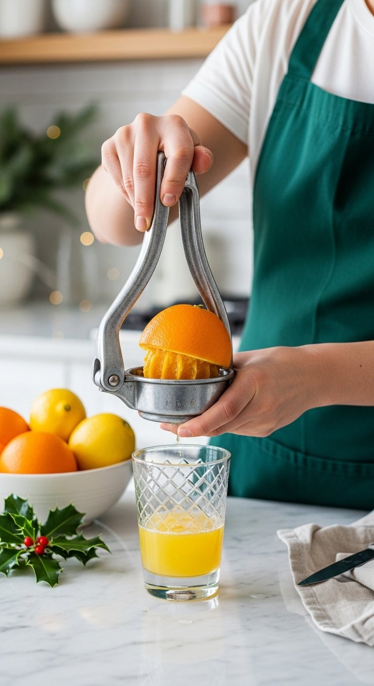 Heavy-duty metallic citrus press squeezing orange juice into a festive glass on a marble countertop