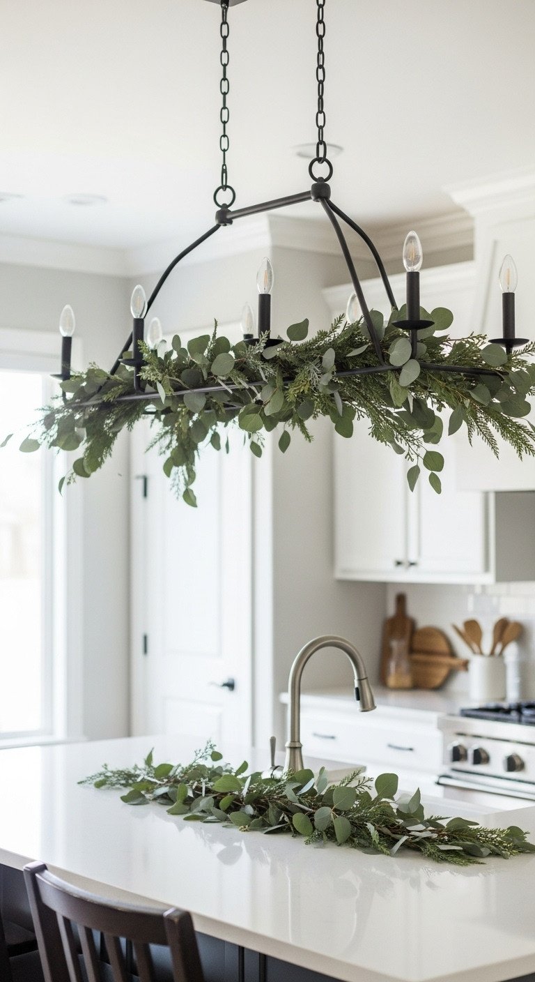High-end Christmas kitchen with eucalyptus garland delicately woven around a modern black linear chandelier