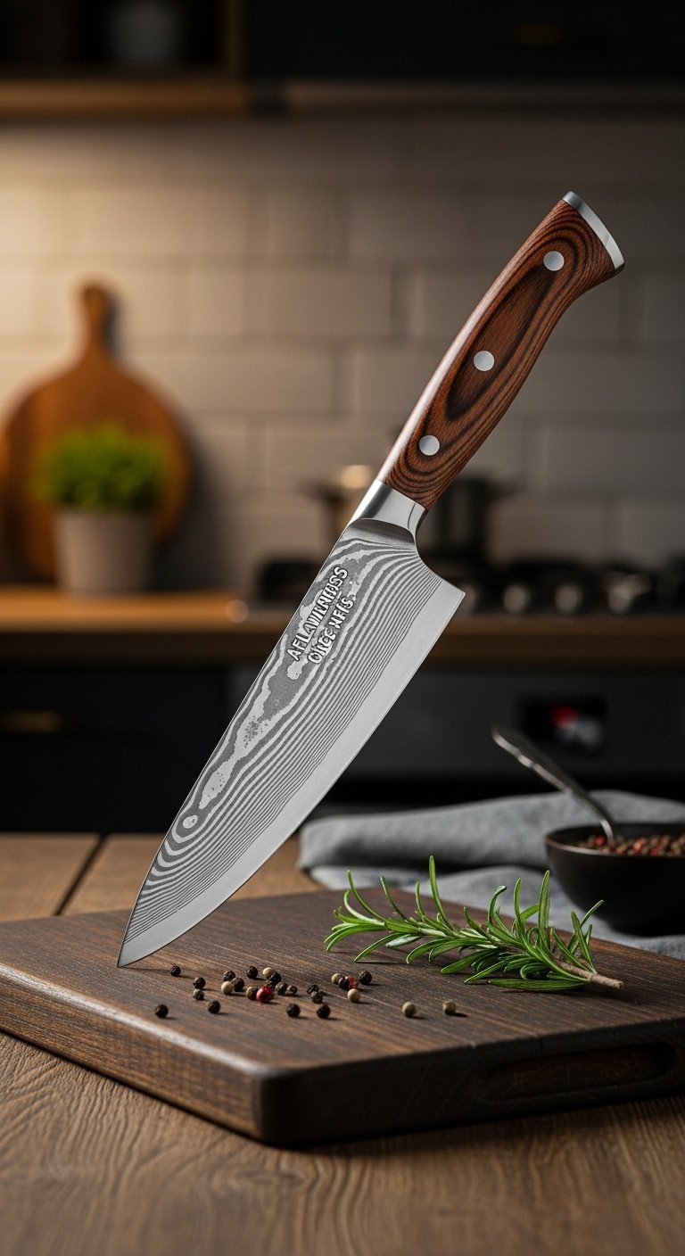 High-end Damascus steel chef knife on a rustic wooden cutting board with rosemary and peppercorns