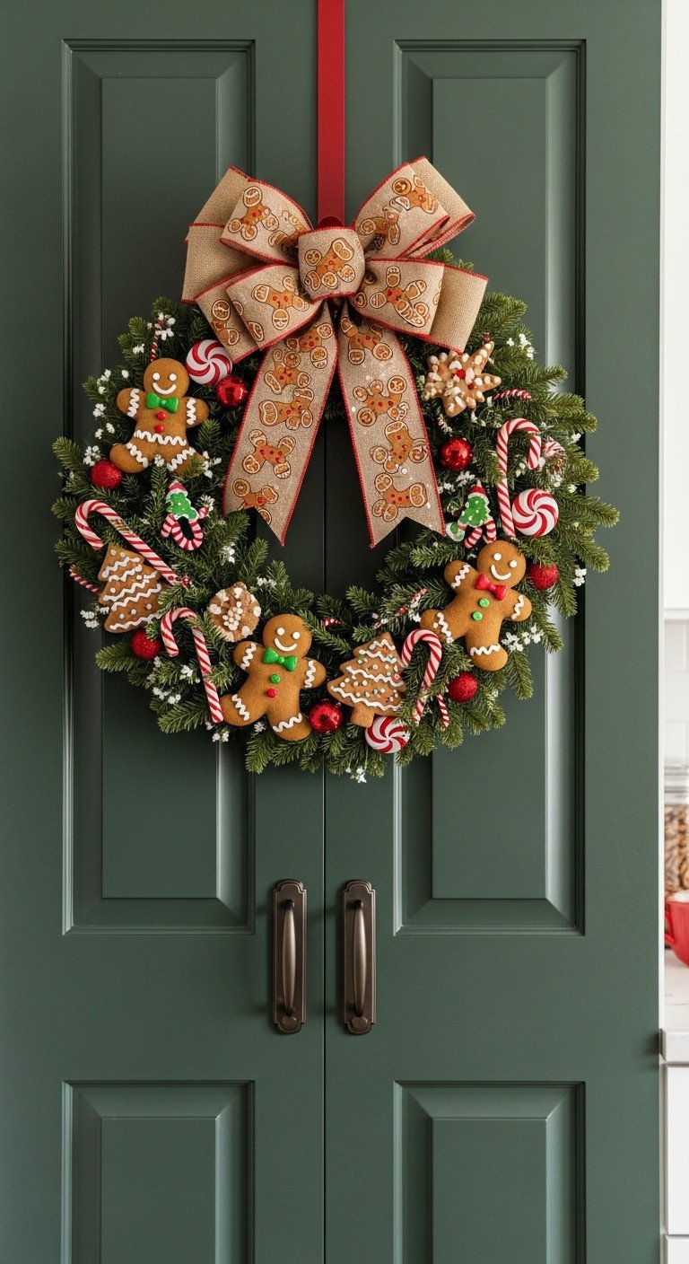 Holiday kitchen with gingerbread themed wreath on dark green pantry door with gingerbread man ornaments