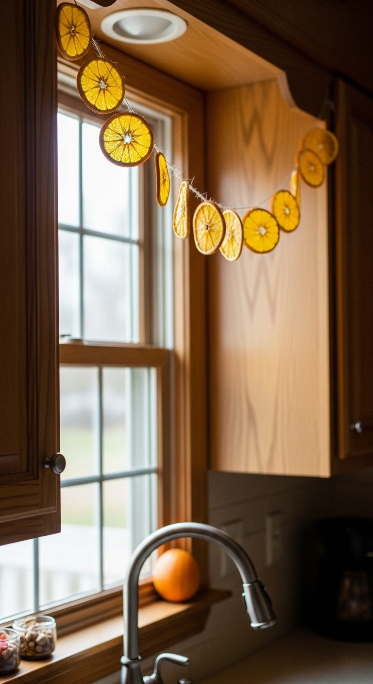 Homemade garland of glowing dried orange slices draped across a kitchen window framed by warm oak cabinets