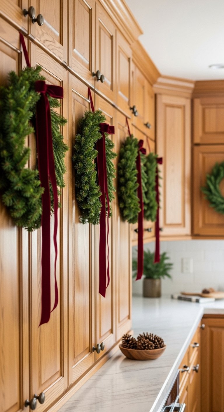 Honey-toned oak kitchen cabinets adorned with mini evergreen wreaths and burgundy velvet ribbons for Christmas decor